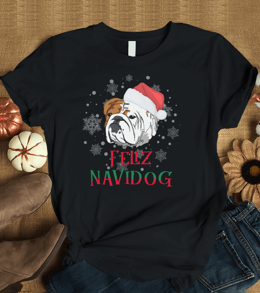 Feliz Navidog English Bulldog Santa Hat Snowflakes T-Shirt