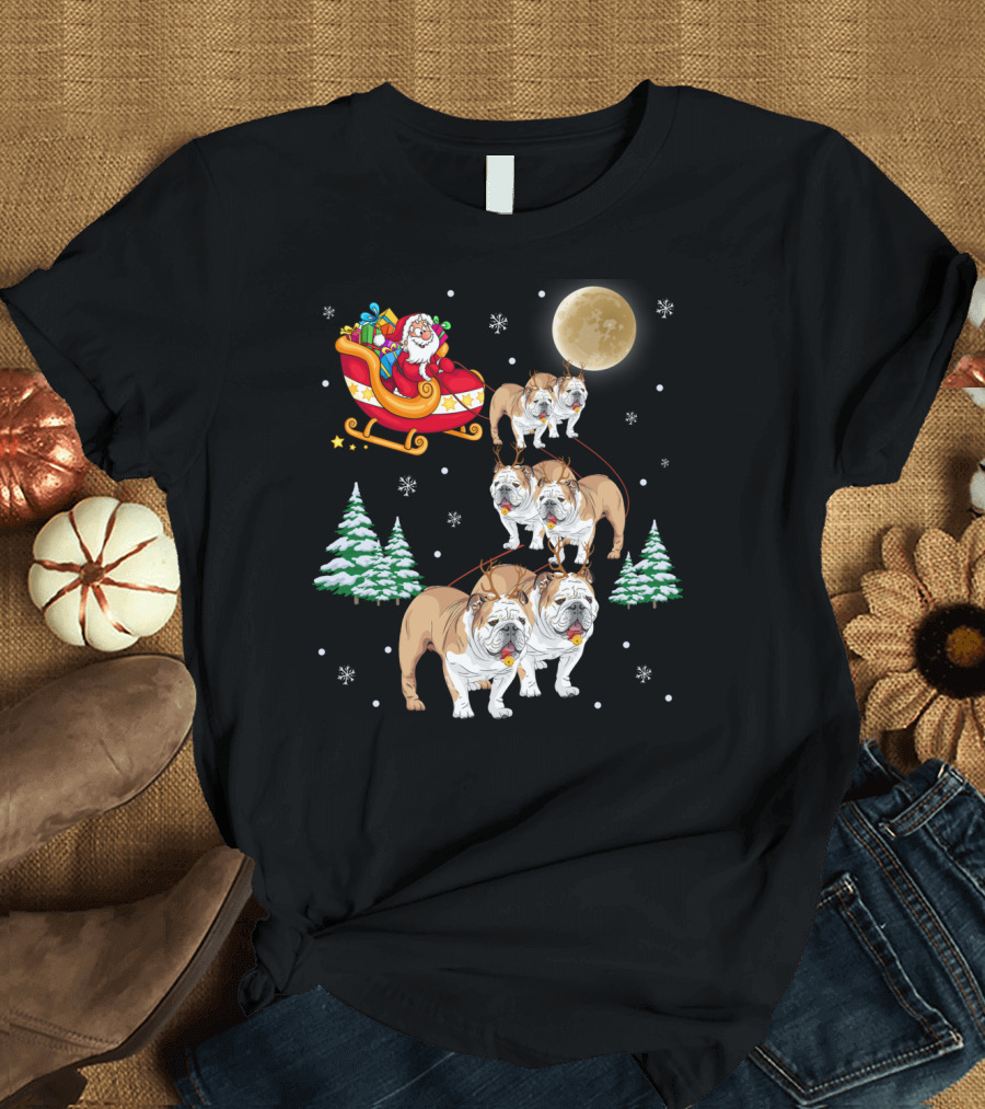 Santa Sleigh with English Bulldog Reindeer Under Full Moon T-Shirt