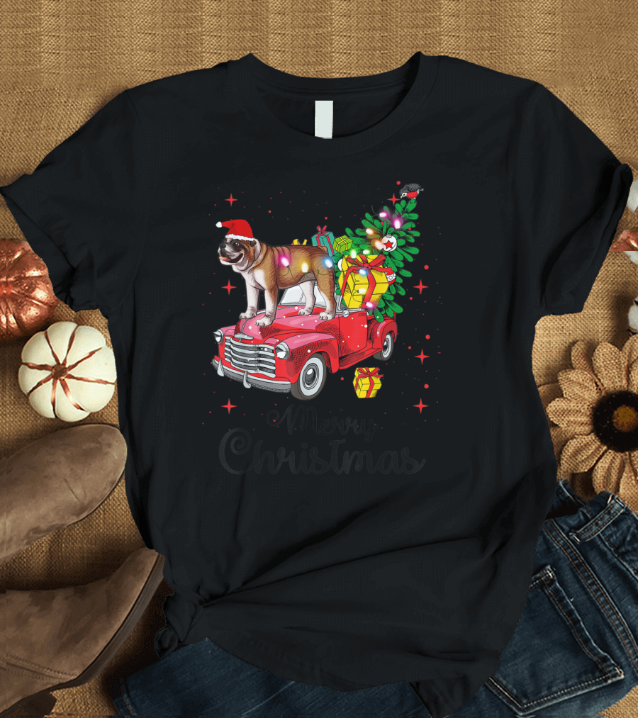 Merry Christmas English Bulldog on Red Truck with Santa Hat and Gifts T-Shirt