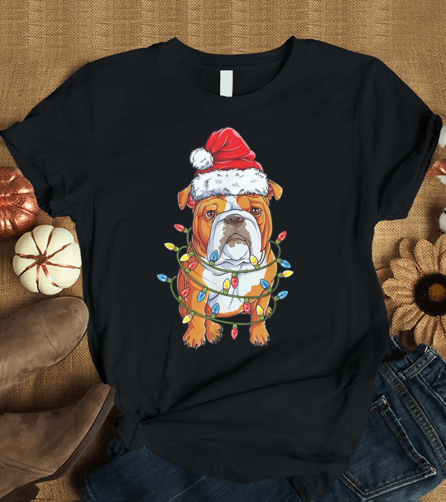 Santa English Bulldog Wrapped in Christmas Tree Lights T-Shirt