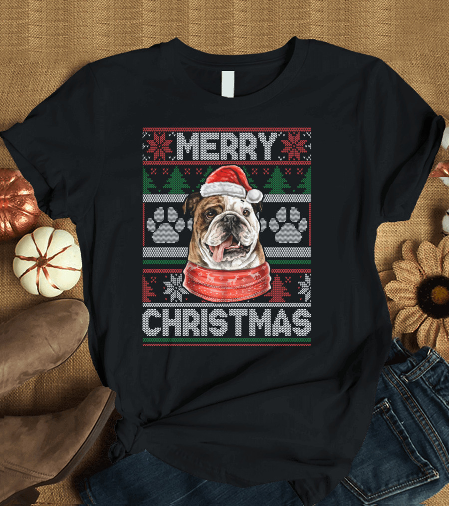 Merry Christmas English Bulldog Santa Hat Ugly T-Shirt