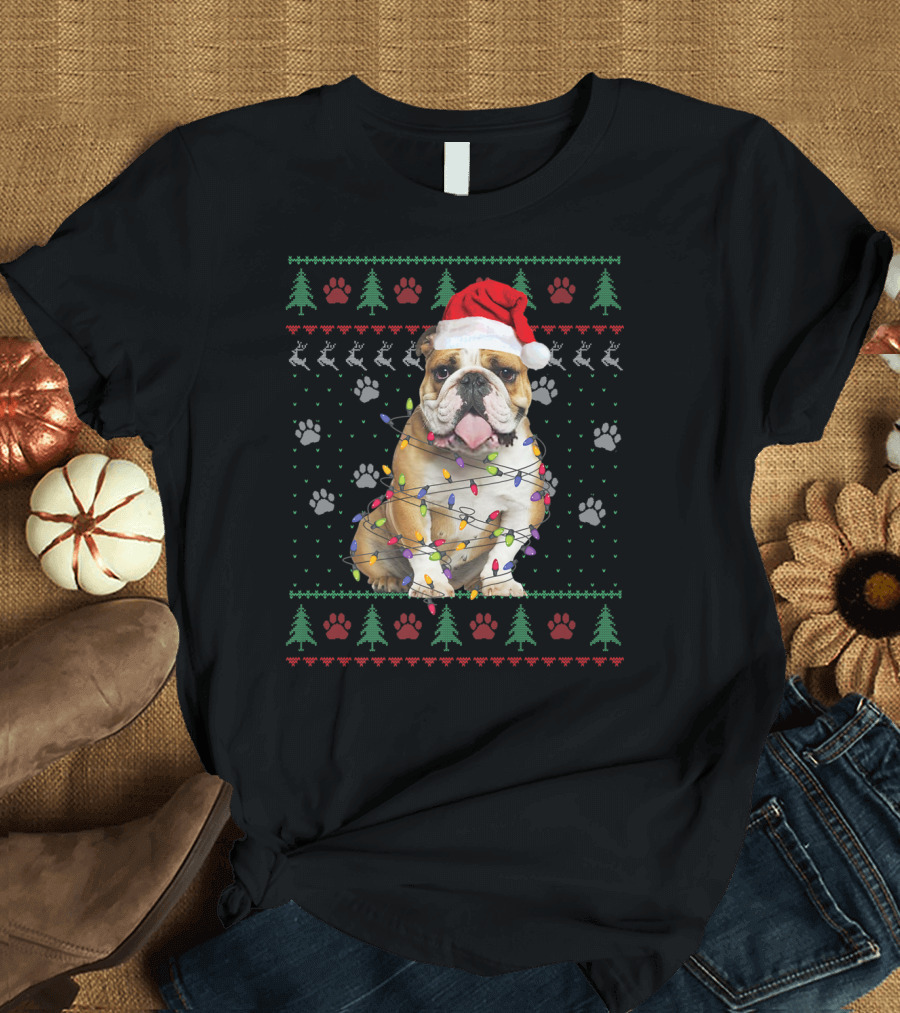 English Bulldog Santa Hat Wrapped in Christmas Lights Ugly T-Shirt