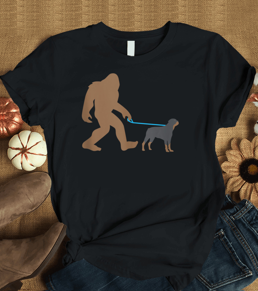 Bigfoot Walking Rottweiler Dog Sasquatch Humor T-Shirt