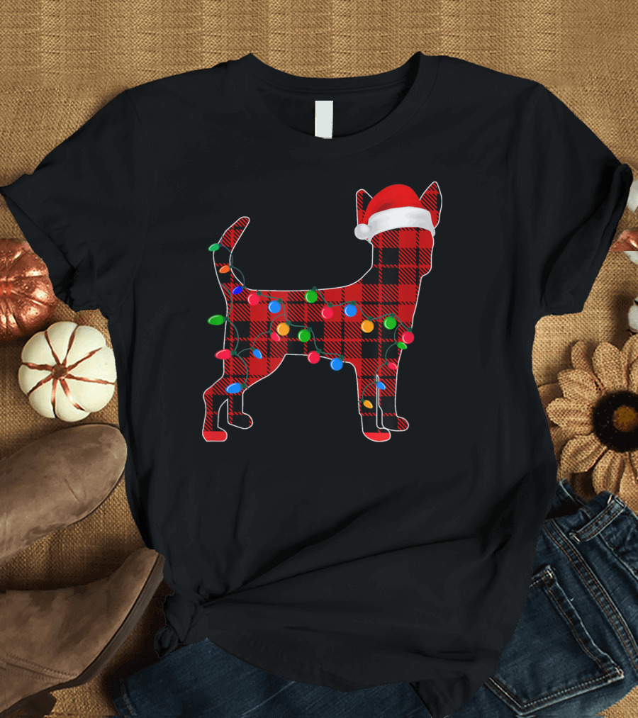 Chihuahua Red Plaid Dog Santa Hat Christmas Lights Holiday T-Shirt