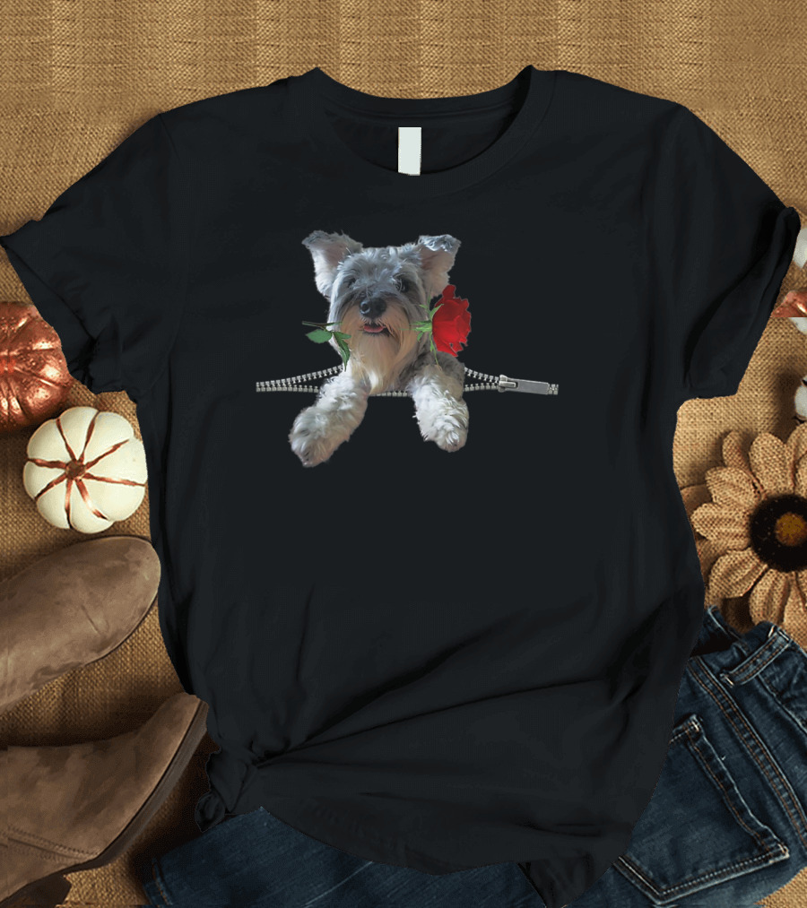 Funny Miniature Schnauzer With Rose and Zipper T-Shirt