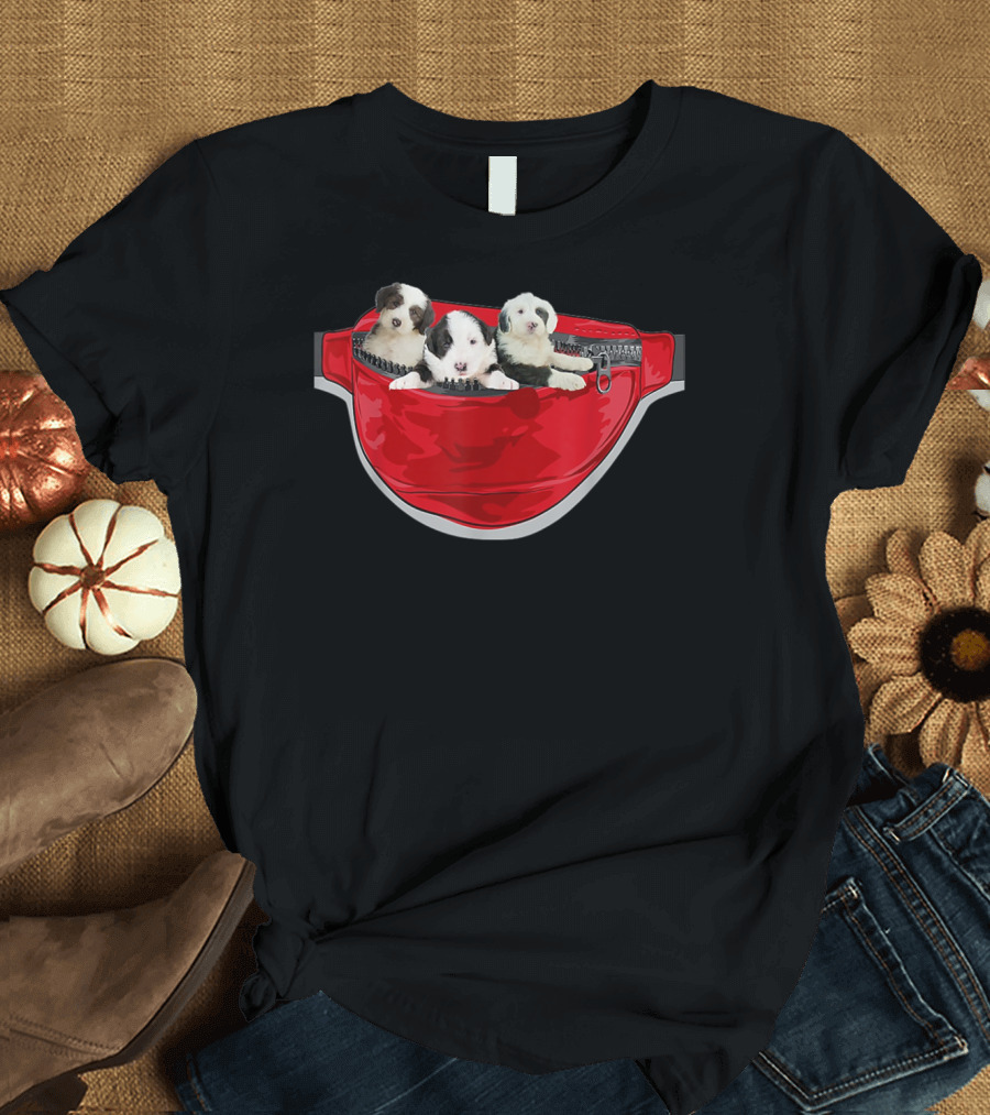 Funny Old English Sheepdog Puppies in Red Waist Pack T-Shirt