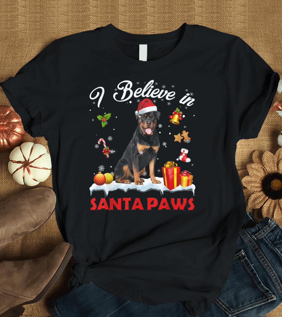 I Believe in Santa Paws Funny Santa Rottweiler Claus Dog T-Shirt