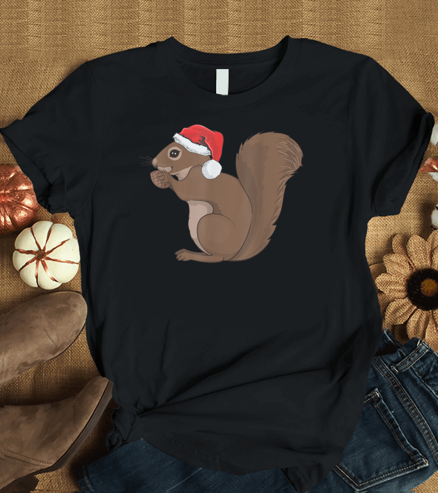 Squirrel with Santa Hat Merry Christmas Tree T-Shirt