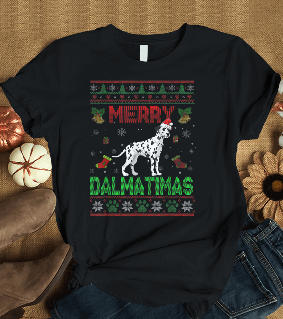 Merry Dalmatimas Festive Dalmatian Snowflakes and Paw Prints Holiday T-Shirt