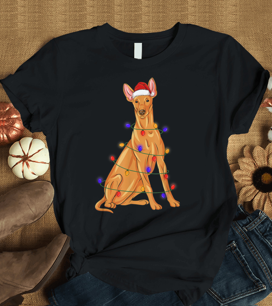 Pharaoh Hound Wrapped in Christmas Lights with Santa Hat T-Shirt