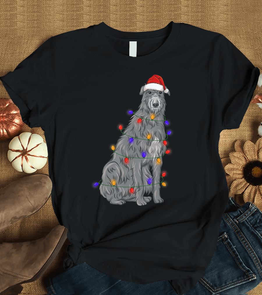 Scottish Deerhound Dog Wrapped in Christmas Lights with Santa Hat T-Shirt