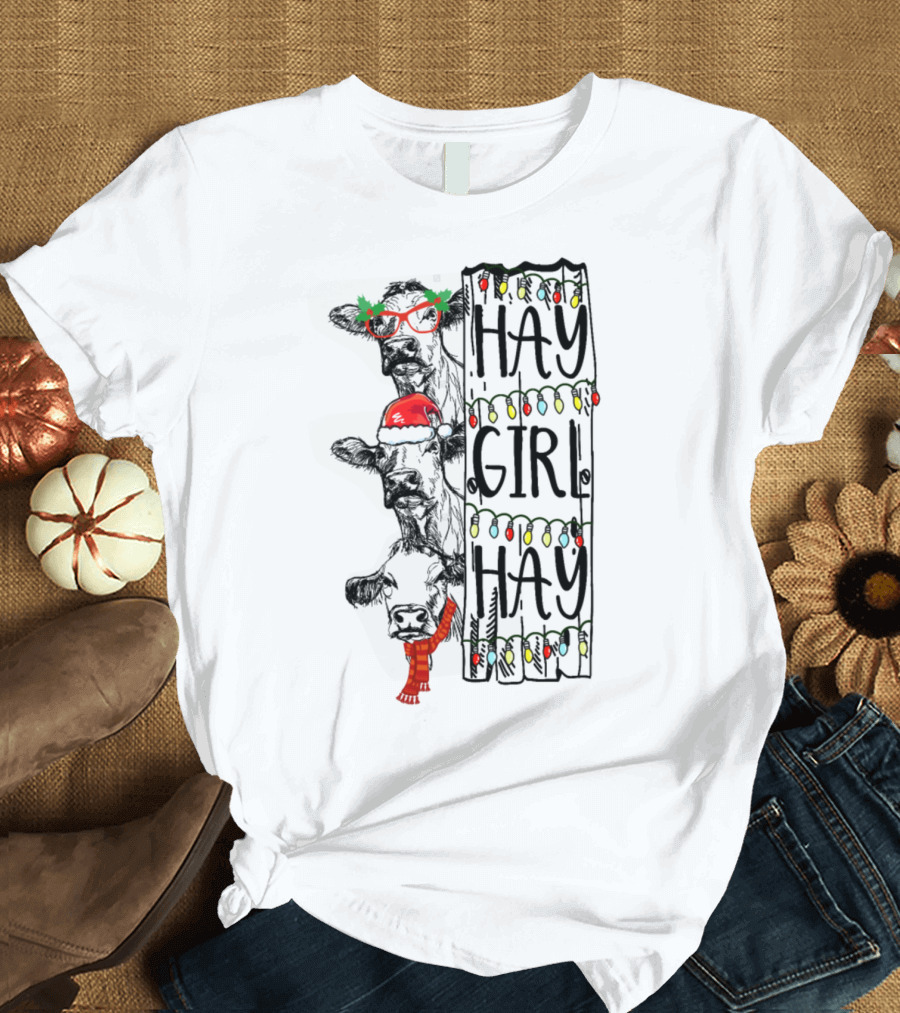 Hay Girl Hay Christmas Cow with Santa Hat and Lights T-Shirt