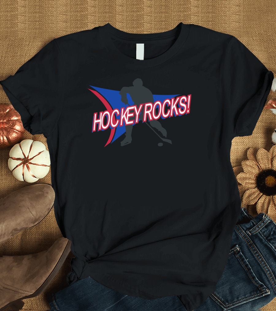 Hockey Rocks Player Silhouette with Blue and Red Triangular Background T-Shirt