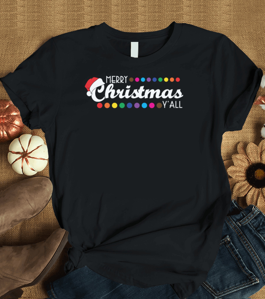 Merry Christmas Y'all Colorful Santa Hat Holiday Cheer T-Shirt