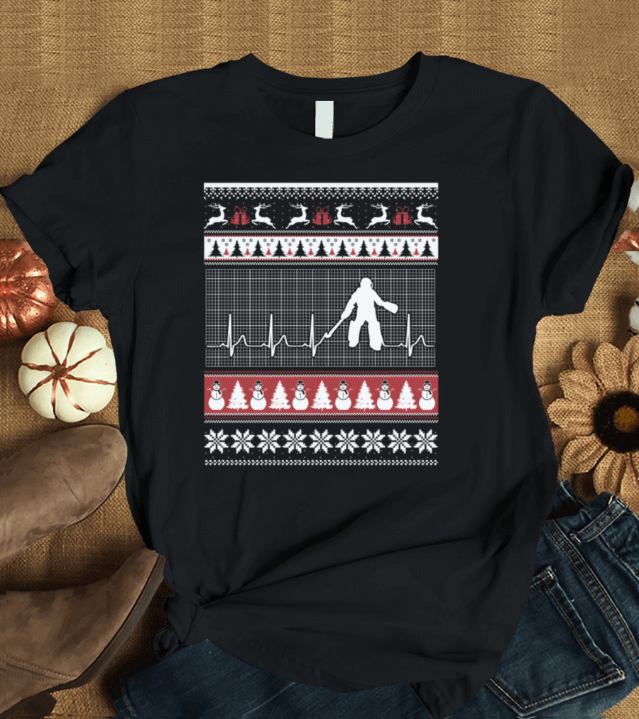 Hockey Christmas Heartbeat Snowflakes Reindeer Trees T-Shirt