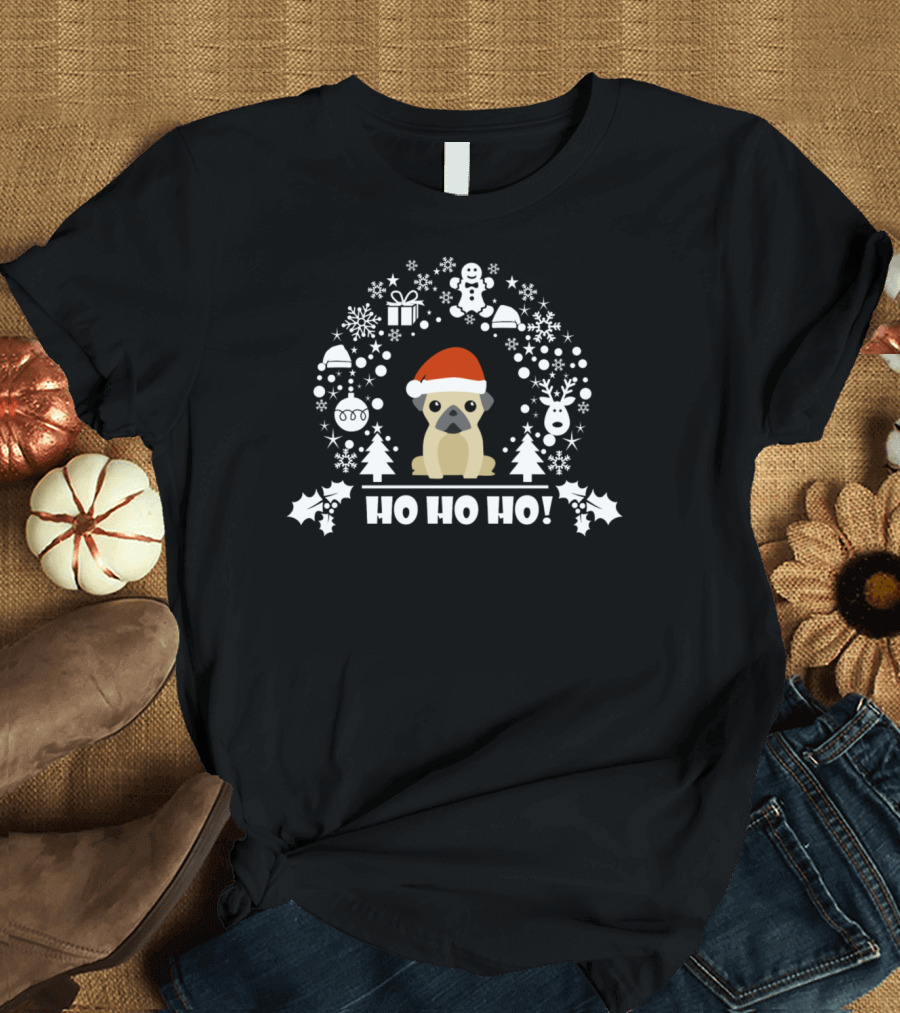 Hohoho Pug Christmas Santa Hat Snowman Reindeer Holiday Wreath T-Shirt