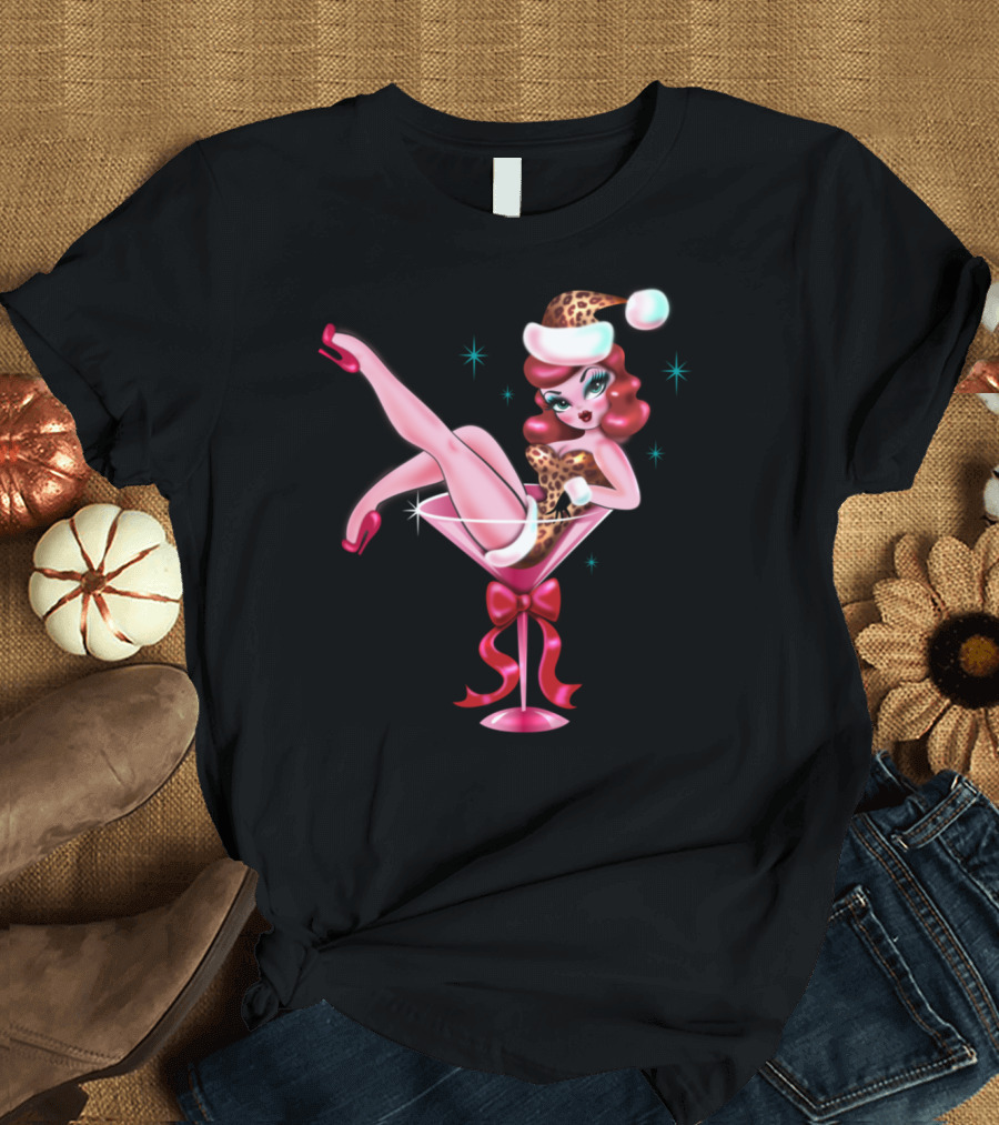 Leopard Print Christmas Girl in Martini Glass T-Shirt