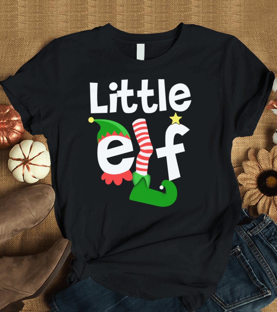 Little Elf Christmas Hat and Stocking Letter T-Shirt