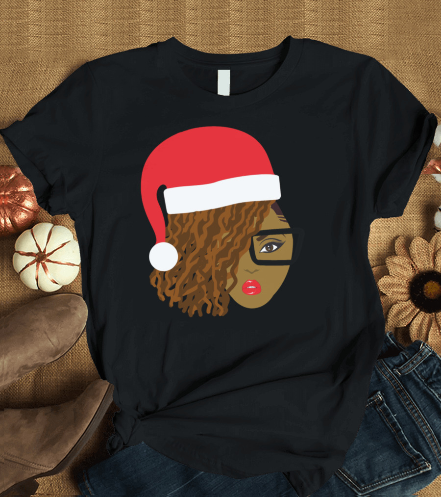 Locs Natural Hair with Santa Hat and Glasses T-Shirt