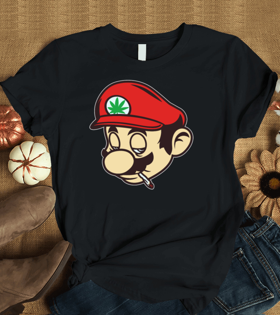 Mario Smoking Marijuana Weed Leaf Hat T-Shirt