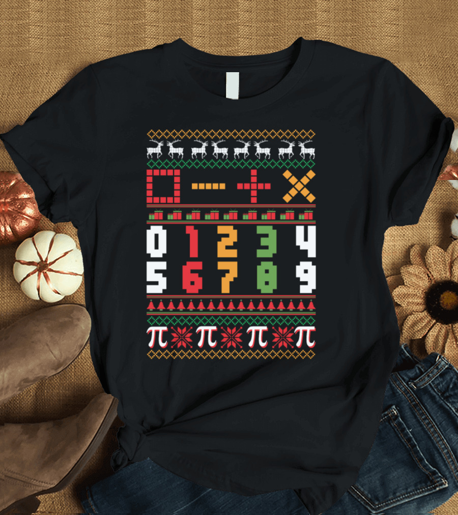 Math Teacher Ugly Christmas Sweater Style With Numbers and Pi T-Shirt