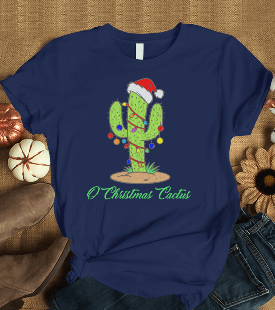 O Christmas Cactus with Santa Hat and Colorful Lights T-Shirt
