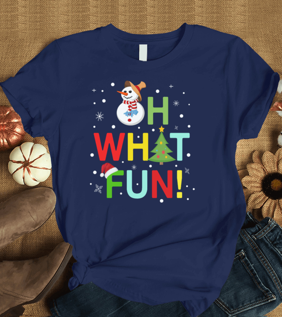 Oh What Fun Christmas With Snowman, Tree, and Festive Holiday Snowflakes T-Shirt