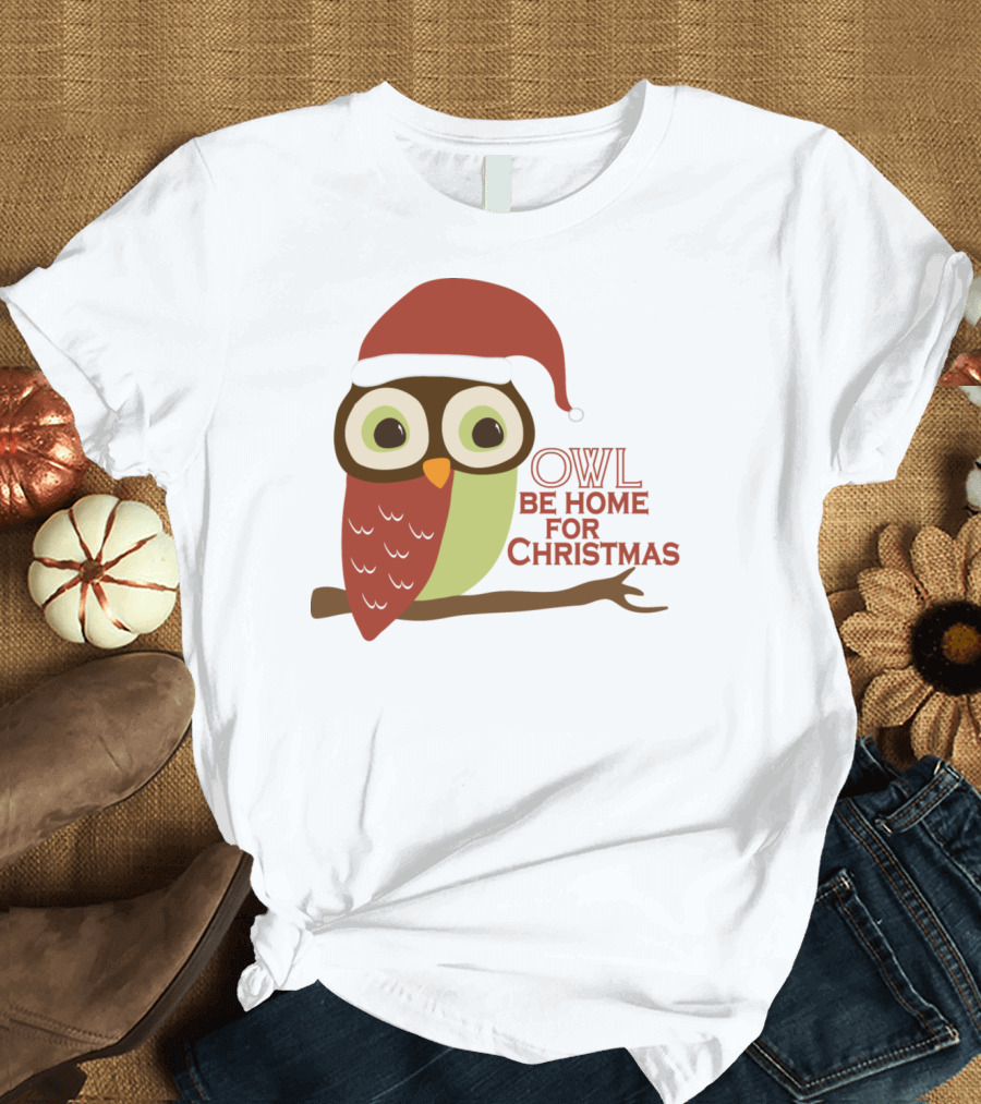Owl Be Home for Christmas Santa Hat Owl T-Shirt