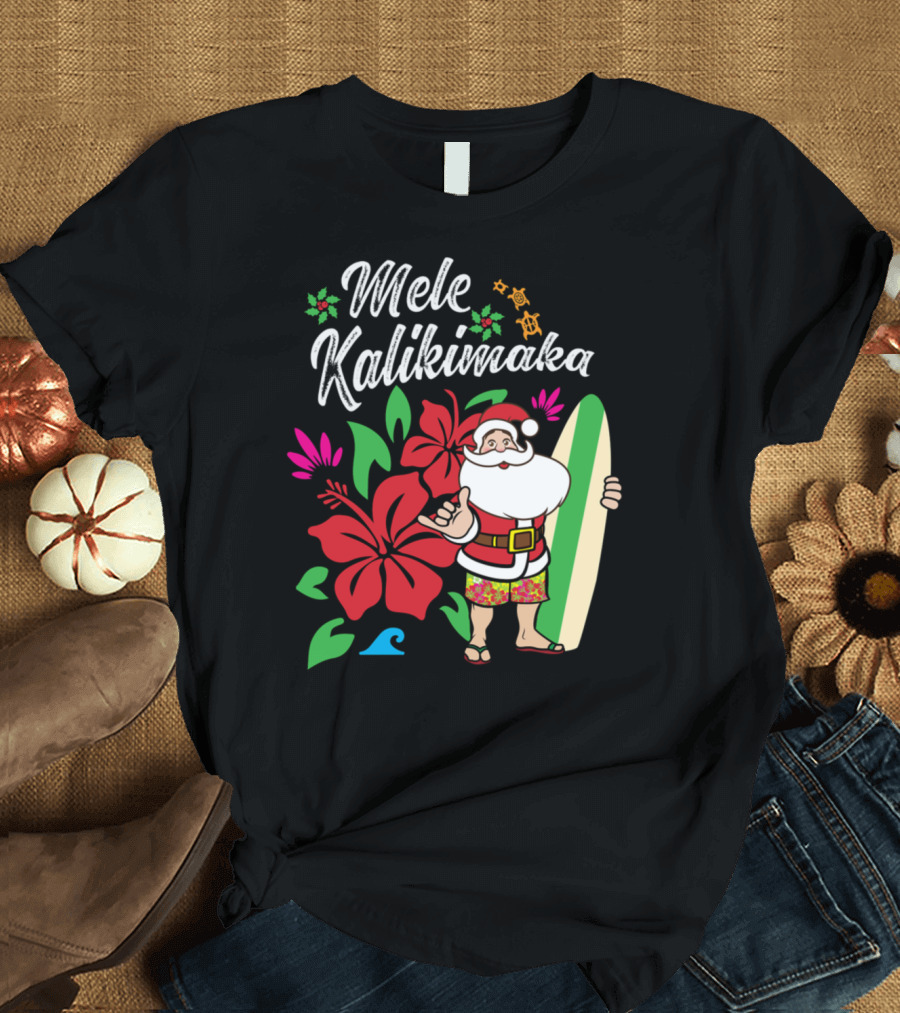 Mele Kalikimaka Hawaiian Santa Surfing with Tropical Flowers T-Shirt