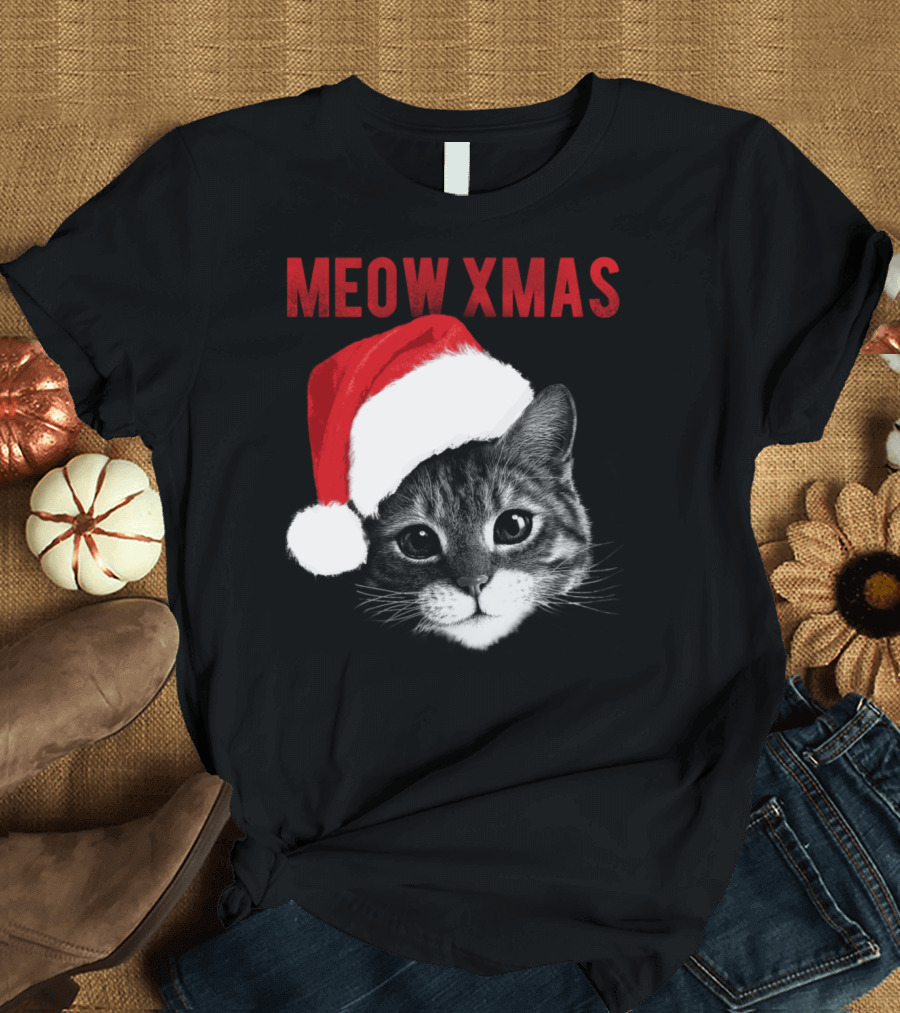 Meow Xmas Cute Cat Head Santa Hat T-Shirt
