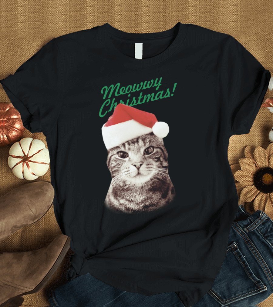 Meowwy Christmas Funny Kitten Cat Santa Hat T-Shirt
