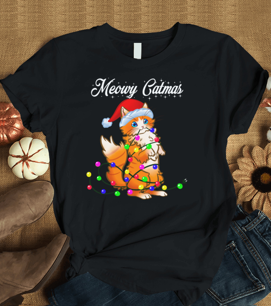 Meowy Catmas Funny Christmas Holiday Cat with Santa Hat and Holiday Lights T-Shirt