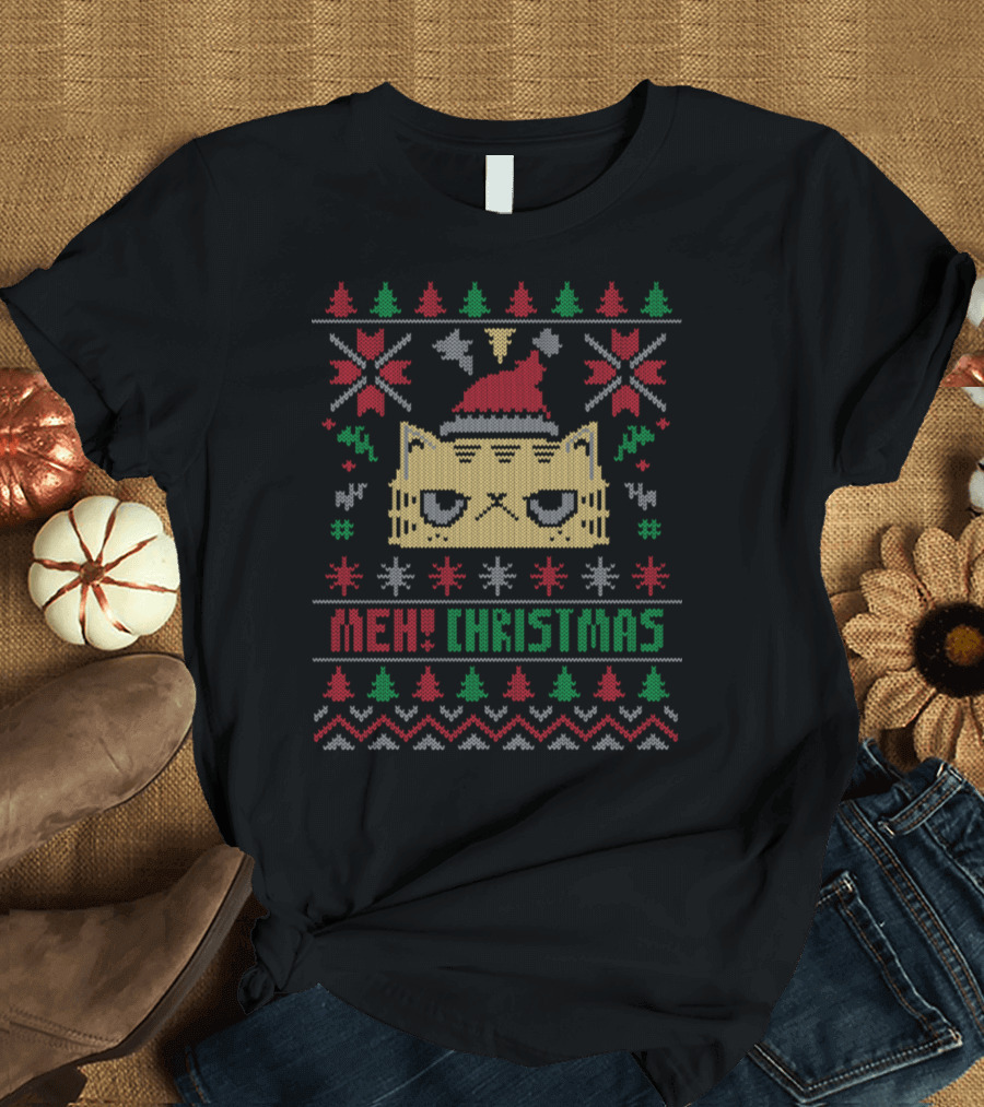 Meh Christmas Cat in Santa Hat Ugly T-Shirt