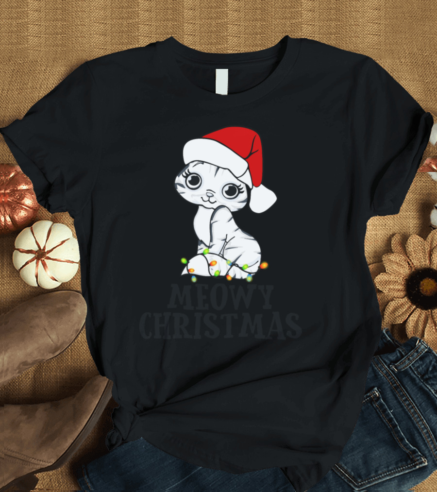 Meowy Christmas Cute Cat Lovers Santa Hat Lights T-Shirt