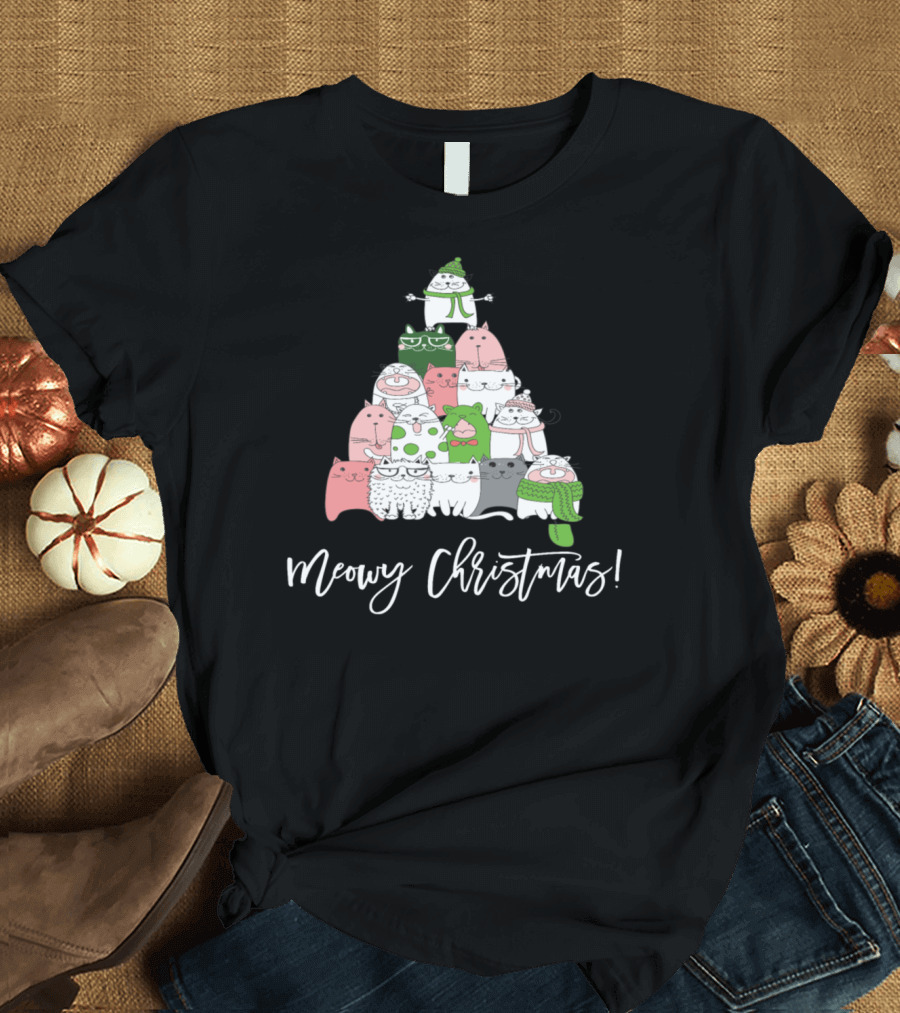 Meowy Christmas Cute Cat Tree with Holiday Cats T-Shirt