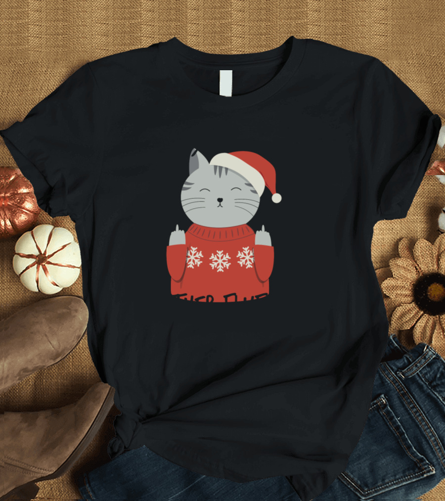 Meowy Christmas Mother Fluffer Cat in Santa Hat with Snowflake T-Shirt
