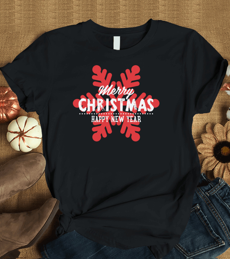 Merry Christmas Happy New Year Red Snowflake T-Shirt