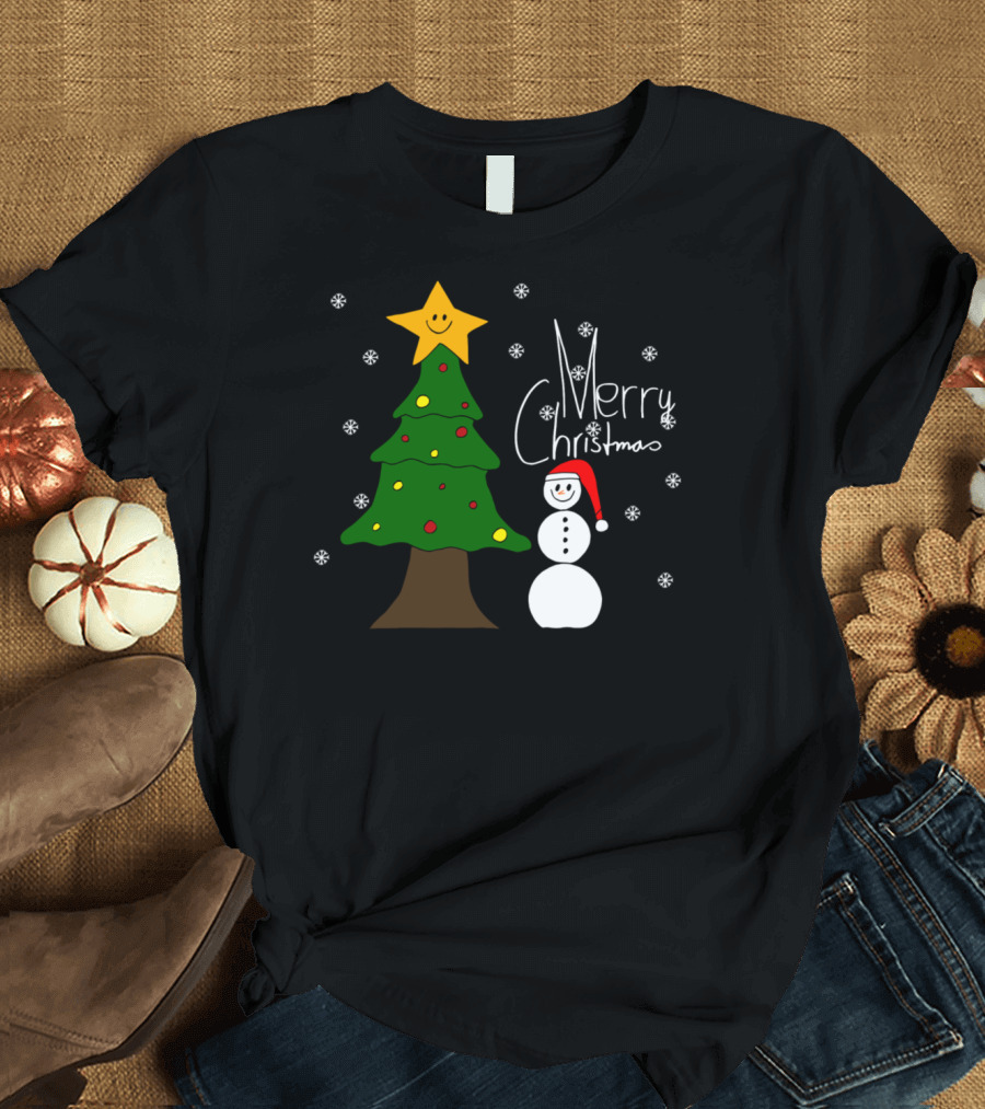 Merry Christmas Snowman and Christmas Tree with Star and Snowflakes T-Shirt