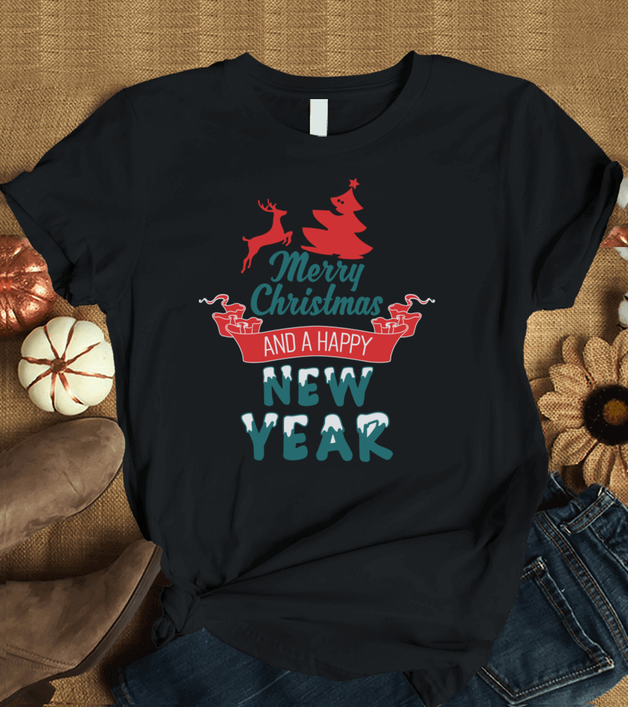 Merry Christmas And A Happy New Year with Red Reindeer and Christmas Tree Elements T-Shirt