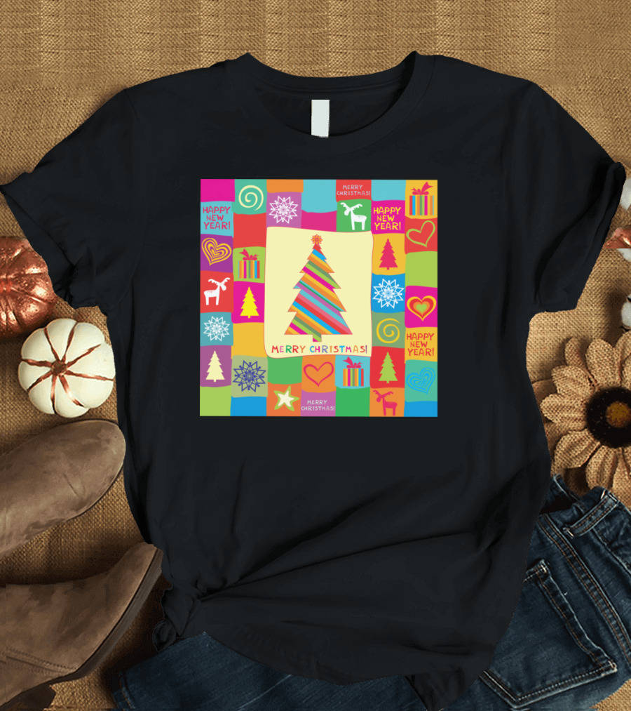 Merry Christmas Happy New Year Tree Reindeer Gifts Snowflakes T-Shirt