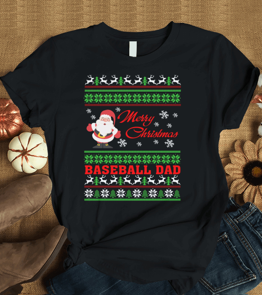 Merry Christmas Baseball Dad Ugly Sweater Style Santa Reindeer Snowflakes T-Shirt