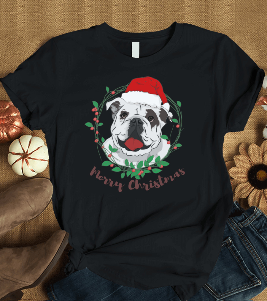 Merry Christmas Bulldog Santa Hat Wreath T-Shirt