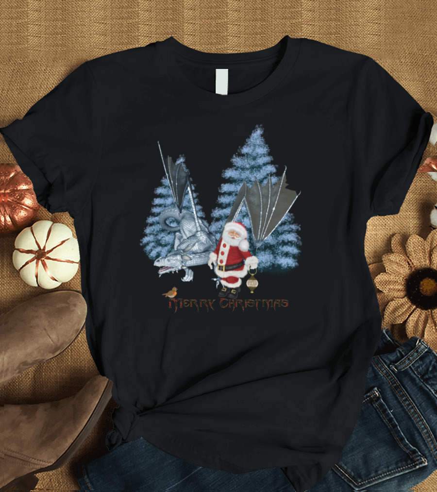 Merry Christmas Cute Santa Claus With Ice Dragon and Snowy Trees T-Shirt