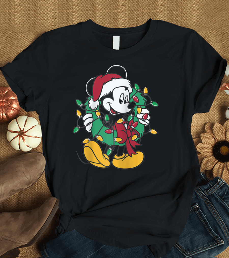 Mickey Mouse Christmas Wreath with Lights and Santa Hat T-Shirt