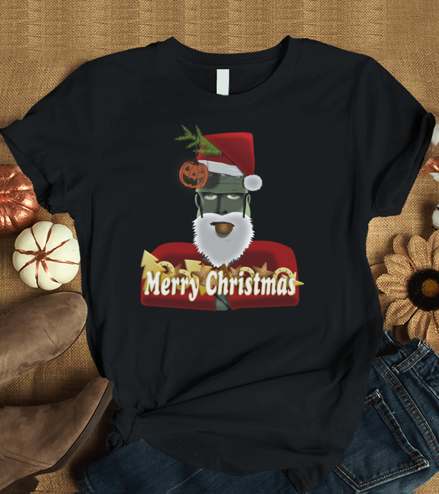 Merry Christmas Frankenstein Santa with Pumpkin Hat T-Shirt