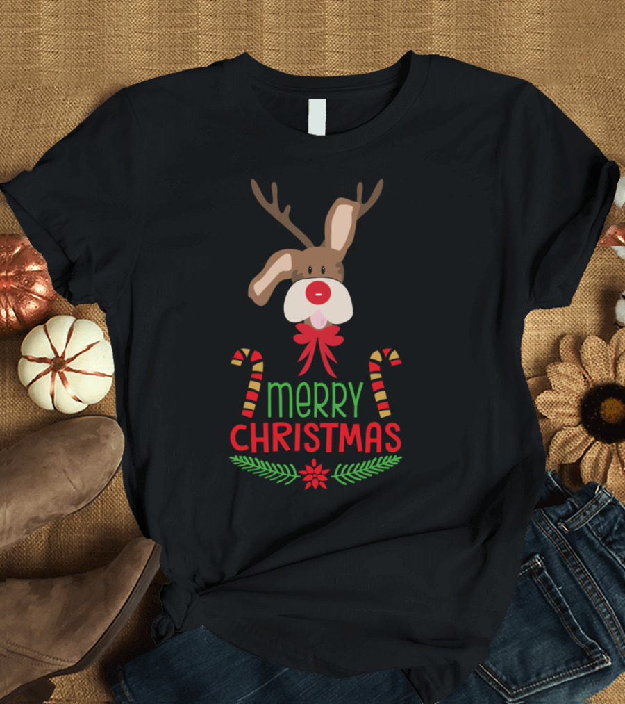 Merry Christmas Rudolph Reindeer with Candy Canes and Poinsettia T-Shirt
