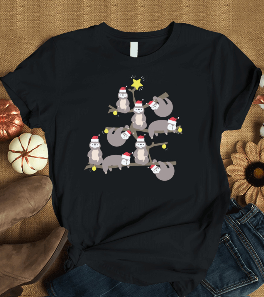 Merry Christmas Sloth Tree with Santa Hats and Stars T-Shirt