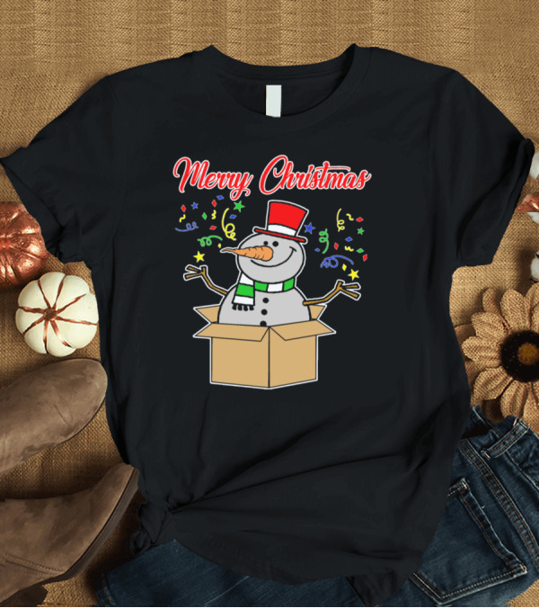 T-Shirt: Merry Christmas Snowman in Box with Top Hat and Confetti T-Shirt Merry Christmas Snowman in Box with Top Hat and Confetti T-Shirt