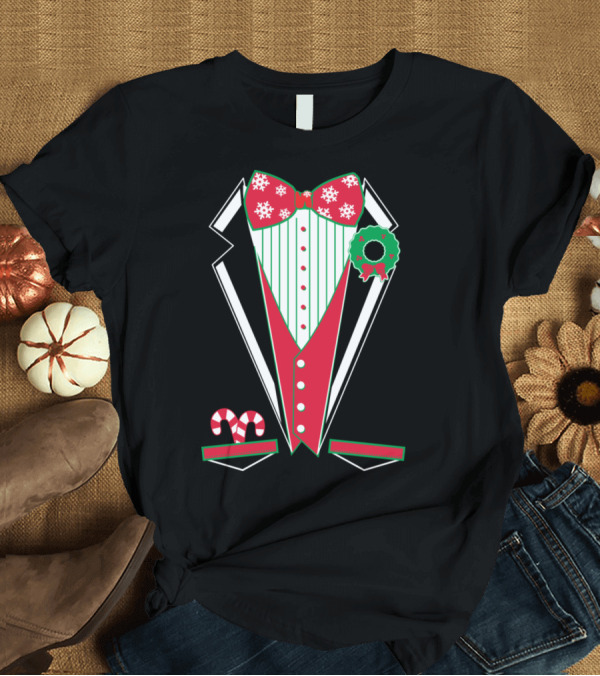 T-Shirt: Merry Christmas Tuxedo Green Snowflake Bowtie Candy Cane Wreath T-Shirt Merry Christmas Tuxedo Green Snowflake Bowtie Candy Cane Wreath T-Shirt