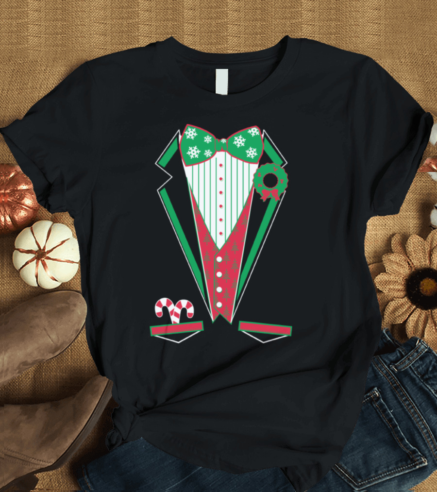Merry Christmas Tuxedo Red Festive Bowtie Snowflakes Wreath Candy Canes T-Shirt
